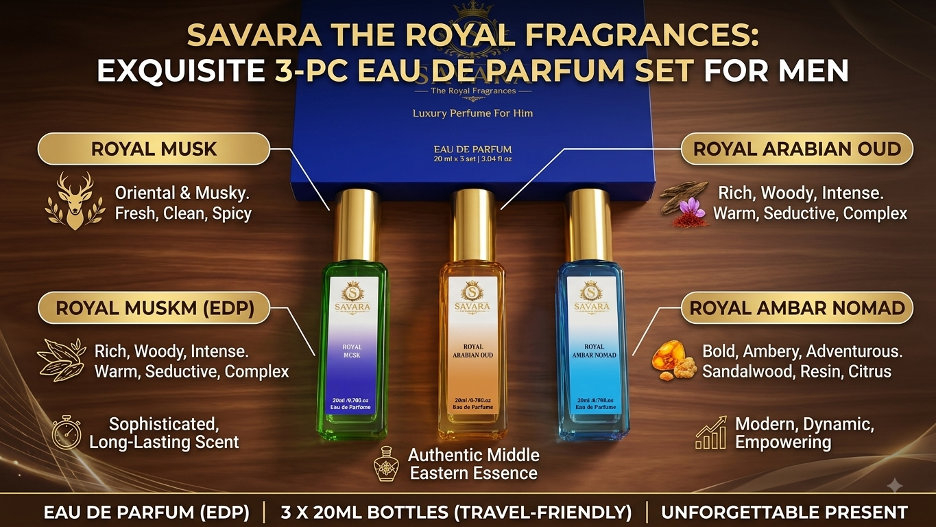 SAVARA Royal Collection Triple Pack Eau De Parfum for Men | 3 x 20ml Premium Men’s Fragrance Discovery Set | Royal Arabian Oud, Royal Musk & Royal Ambar Nomad | Long Lasting Luxury Perfume Gift Set fo