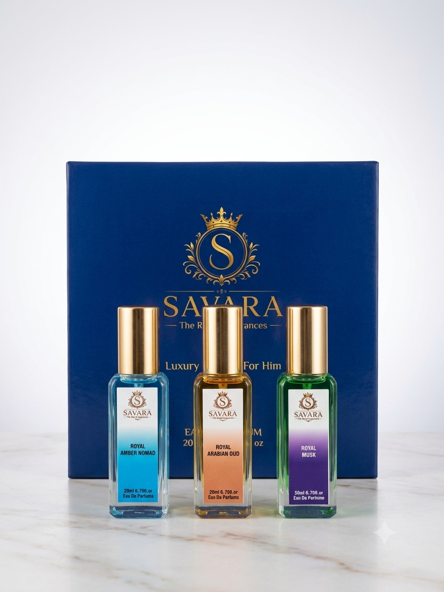 SAVARA Royal Collection Triple Pack Eau De Parfum for Men | 3 x 20ml Premium Men’s Fragrance Discovery Set | Royal Arabian Oud, Royal Musk & Royal Ambar Nomad | Long Lasting Luxury Perfume Gift Set fo